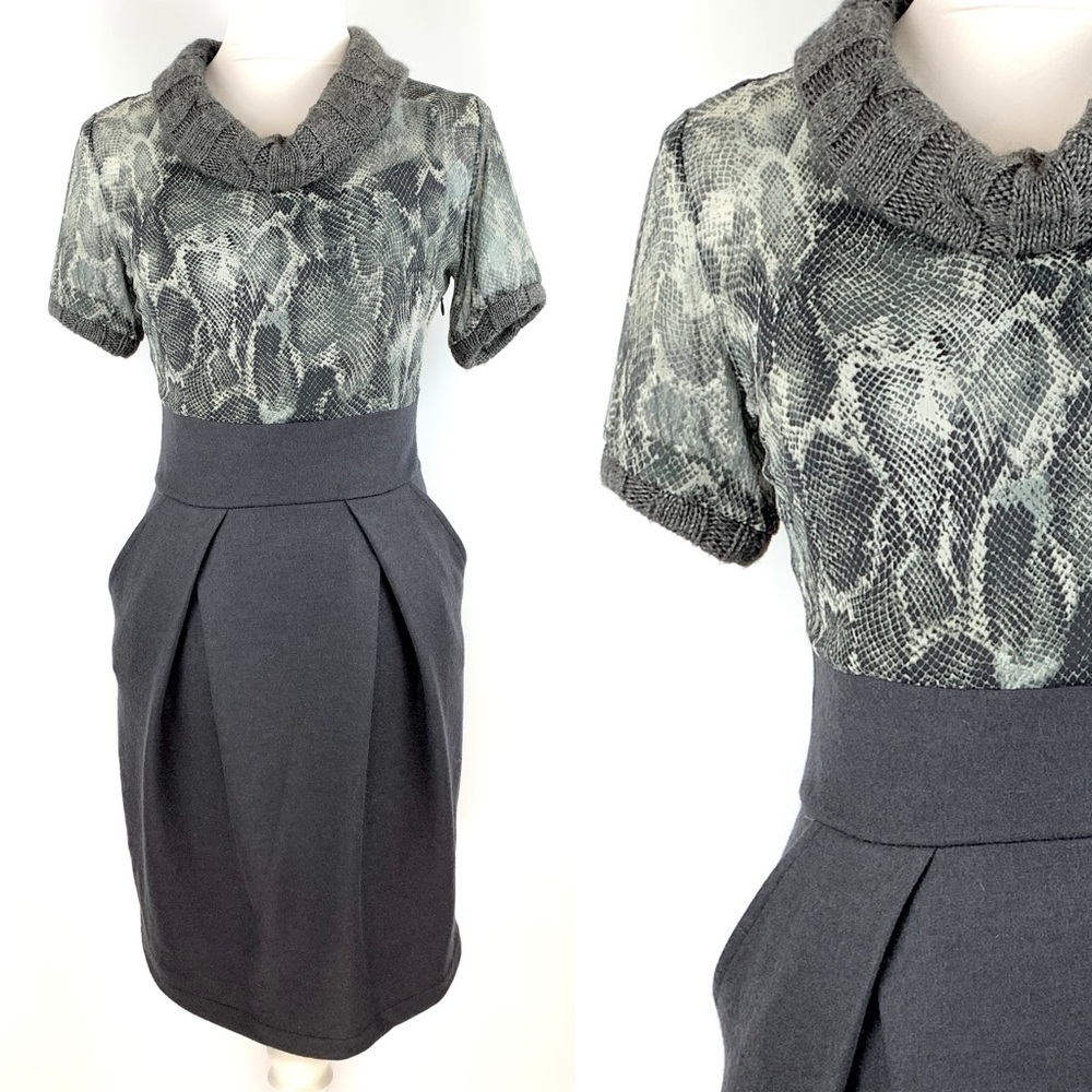 Preis Charcoal Cowl Neck Sheer Snakeskin Print Sheath Dress from Turkey size 6